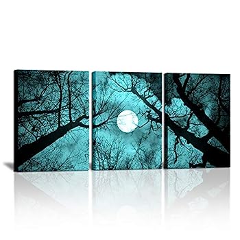 【中古】【輸入品・未使用】SkenoArt 3ピース 夜の森 キャンバス 壁装飾 満月 ブラックツリー 絵画 プリント ティールとブラックの絵 リビングルーム ベッドルーム バスルー｜スカイマーケットプラス
