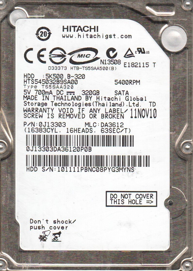 【中古】【人並み外れたに好いたらしい】HTS545032B9SA00、PN 0J13303、MLC DA3612、Hitachi 320GB SATA 2.5捉え所のない運転