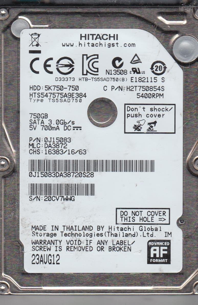 【中古】【非常に良い】HTS547575A9E384 PN 0J15083 MLC DA3872 Hitachi 750GB SATA 2.5 ハードドライブ|スカイマーケットプラス