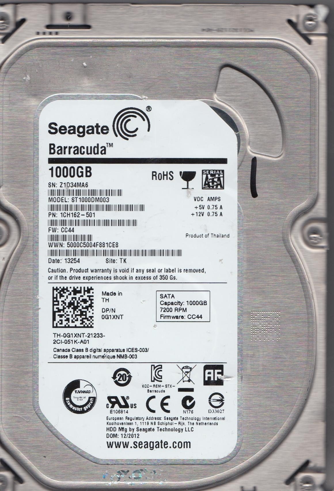 【中古】【人並み外れたに好いたらしい】st1000dm003、z1d、TK、PN 1 ch162 ? 020、FW hp33、Seagate 1tb SATA 3.5捉え所のない運転