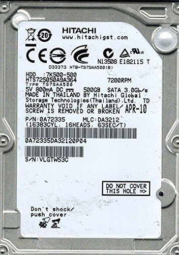 【中古】【人並み外れたに好いたらしい】Hitachi HTS725050A9A364 P/N: 0A72335 500GB MLC: DA3212 [並行輸入品]