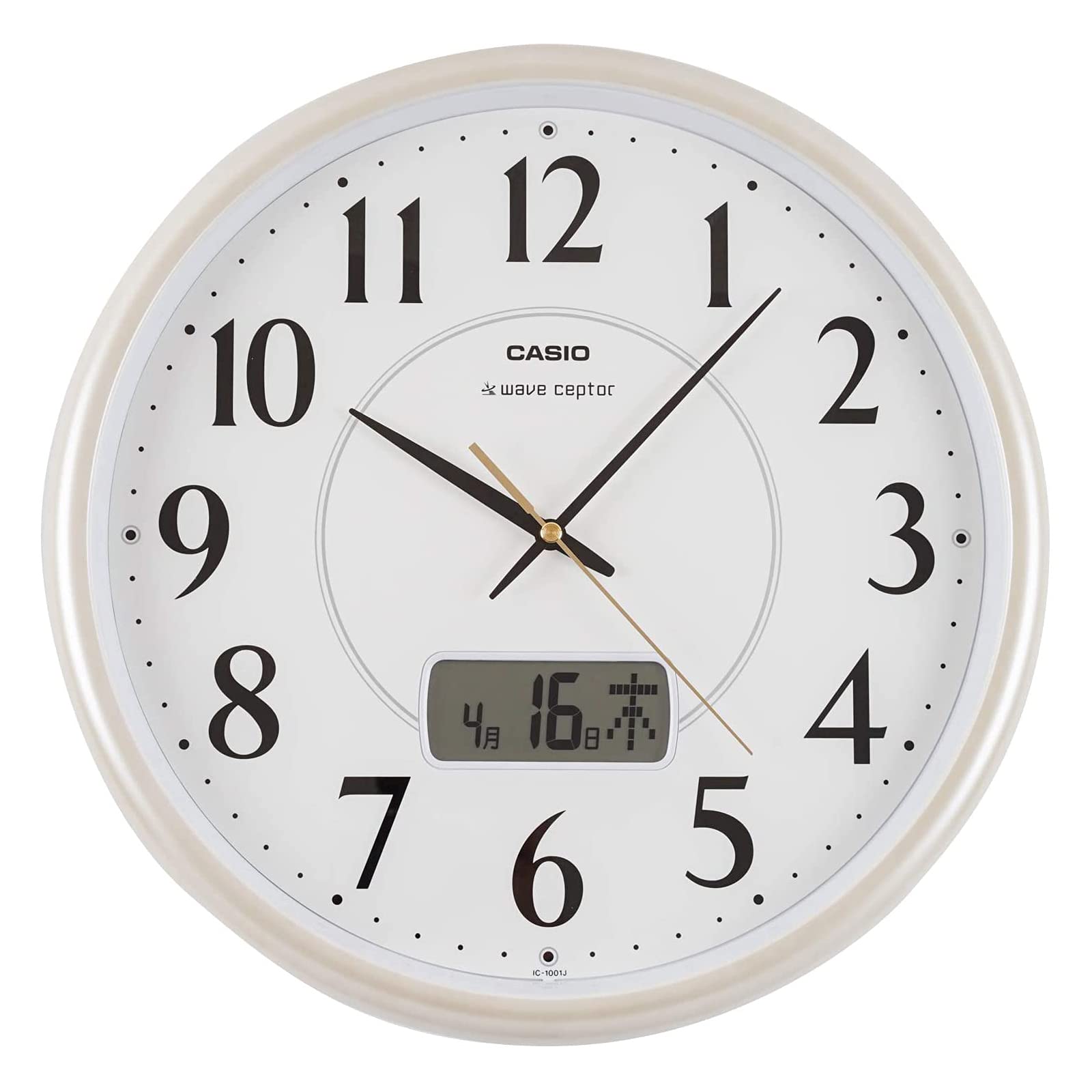【中古】【非常に良い】CASIO(カシオ) 掛け時計 壁掛け時計 電波時計 ホワイト シャンパン アナログ カレンダー IC-1001J-9JF
