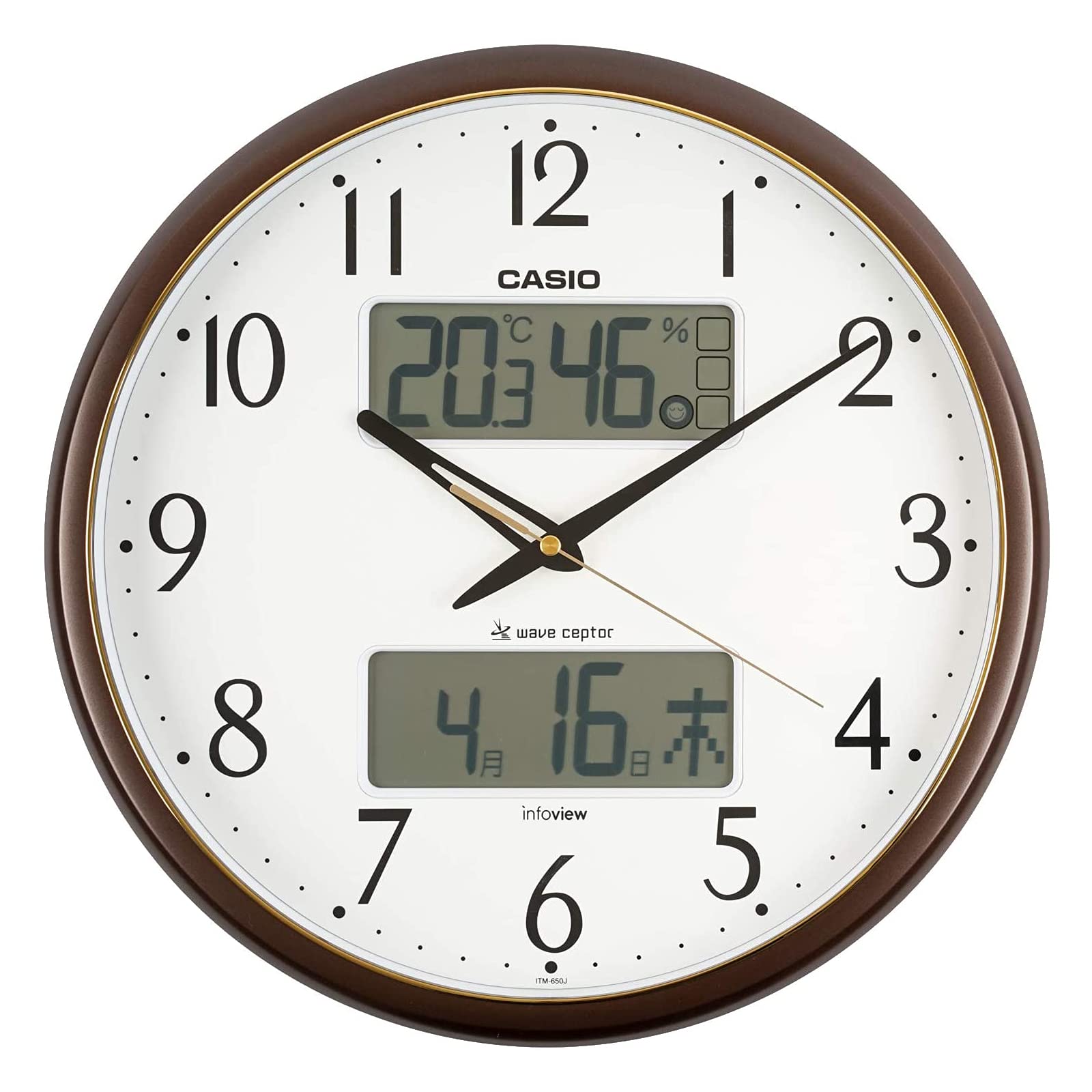 【中古】【非常に良い】CASIO(カシオ) 掛け時計 壁掛け時計 電波時計 ブラウン アナログ 生活環境 温度 湿度 カレンダー 表示 ITM-650J-5JF
