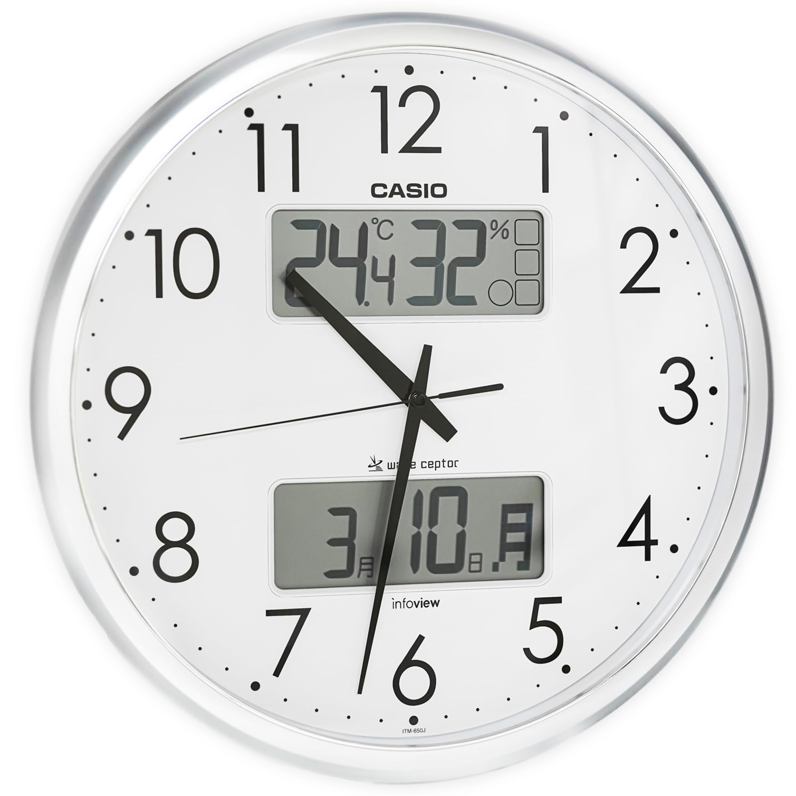 【中古】【非常に良い】CASIO(カシオ) 掛け時計 壁掛け時計 電波時計 シルバー アナログ 生活環境 温度 湿度 カレンダー 表示 ITM-650J-8JF