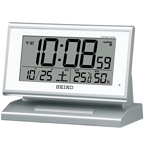 【中古】【非常に良い】セイコークロック(Seiko Clock) 目覚まし時計 自動点灯 電波 デジタル カレンダー 温度 湿度 表示 夜でも見える 銀色 メタリック SQ768S SEIKO