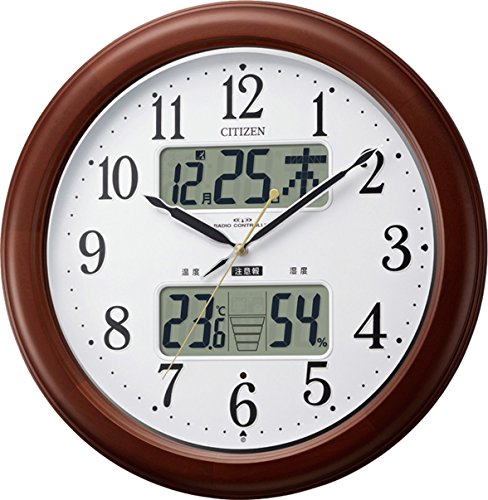 【中古】【非常に良い】リズム(RHYTHM) シチズン 掛け時計 電波時計 温度計 ・ 湿度計 付き 夜間自動点灯 木枠茶色 CITIZEN インフォームナビEX Ф361x60mm 4FY620-006