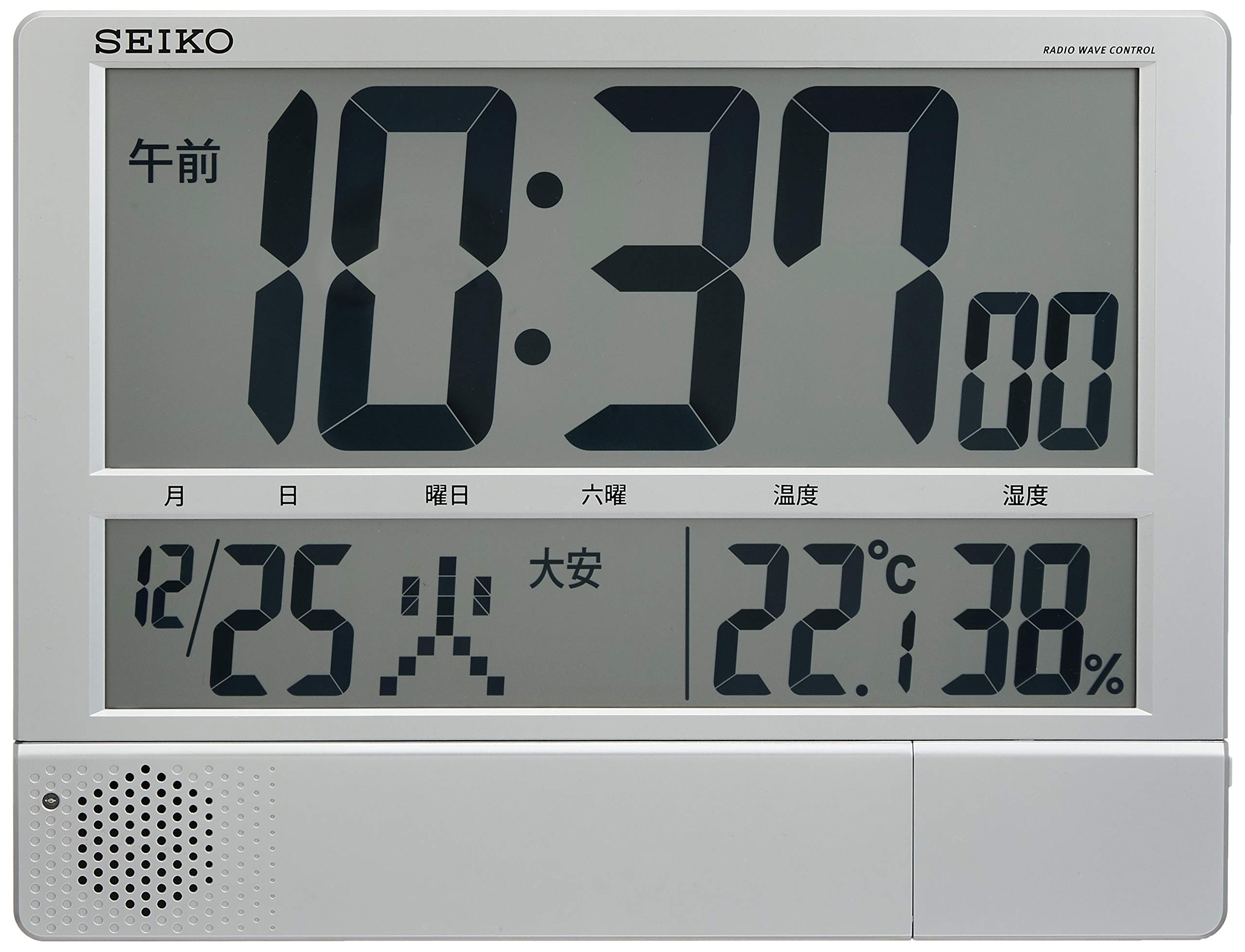 【中古】【人並み外れたに似つかわしい】セイコークロック(Seiko Clock) セイコー 時辰儀 柱時計 置き時計 兼用 電磁波 デジタル 放送番組役立つこと 暦 六曜 熱度 湿度 見せびらかす 大型 薄型 軽さ しろがね色 メタリック SQ