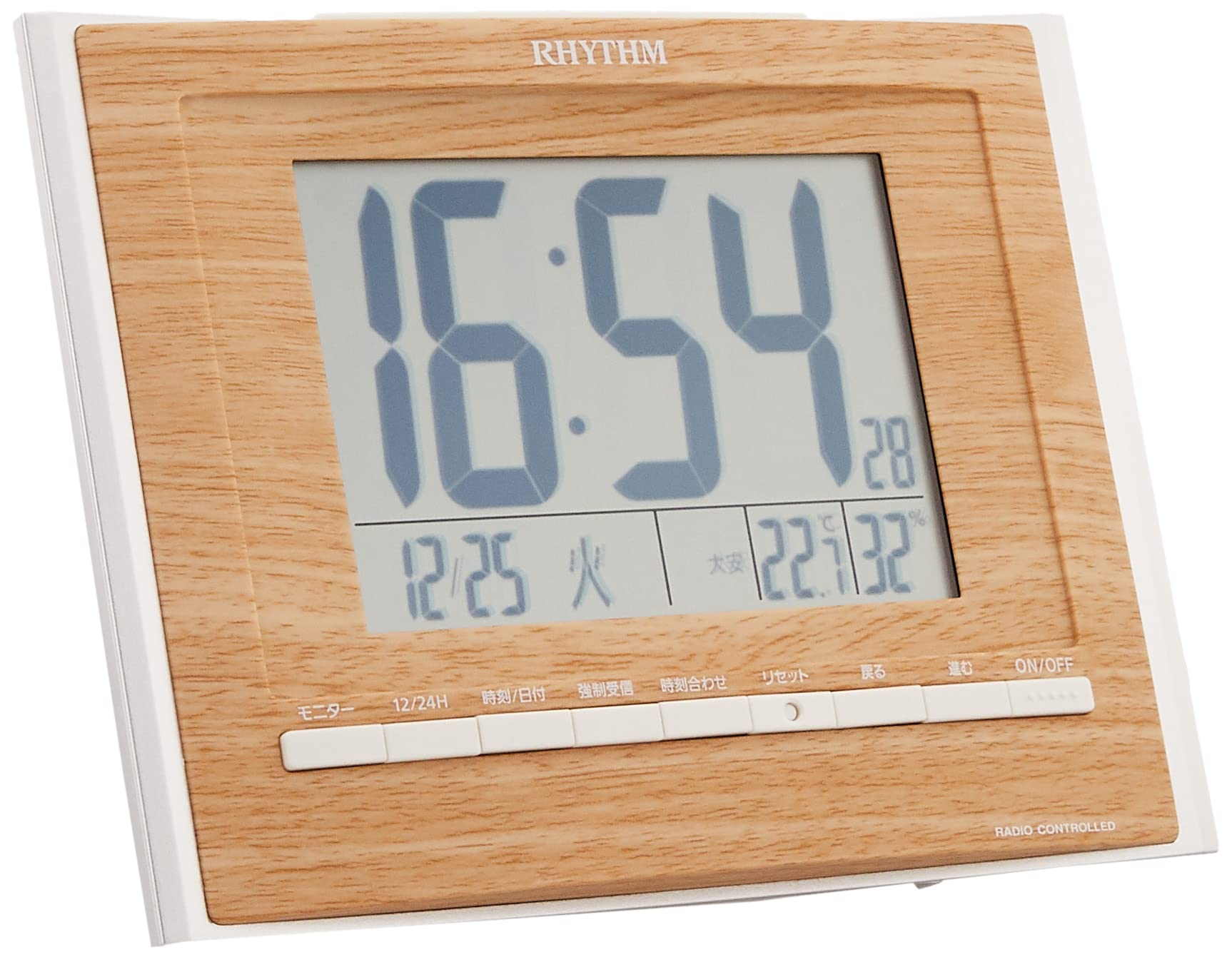 【中古】【非常に良い】リズム(RHYTHM) 目覚まし時計 電波 デジタル フィットウェーブD172 置き ・ 掛け 兼用 温度 ・ 湿度 カレンダー 付 茶 (薄茶木目仕上げ) RHYTHM 8RZ172SR07