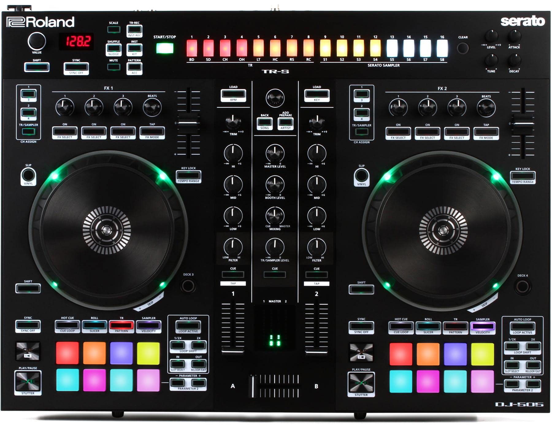 【中古】【非常に良い】Roland ローランド DJコントローラー DJ-505 2チャンネル/4デッキ Serato DJ対応 TR-909/TR-808/TR-707/TR-606のサウンド搭載 マイク入力 DJミキ