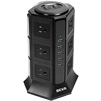 【中古】タワー式電源タップBEVA 3層縦コンセント 12AC充電口（100-125V）＋5USBポート（最大4.2A/5V）雷ガード 過負荷保護 省エネ 延長コード2m オフィ