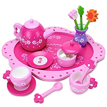 【中古】(未使用･未開封品)Imagination Generation Pink Blossoms Tea Time Set for Two - Wood Eats Tea Party Playset with Tea Cups Kettles Saucers Spoons Flowers &