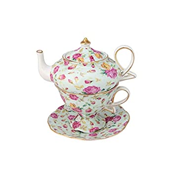 【中古】(未使用･未開封品)Gracie China by Coastline Imports 4-Piece Porcelain Tea for One Stacked Teapot Cup Saucer Blue Cottage Rose Chintz by Gracie China by C