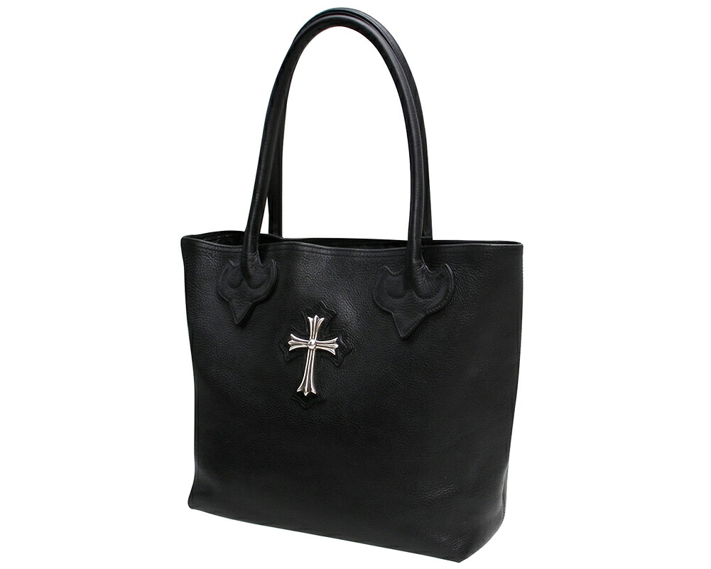 CHROME HEARTS LEATHER TOTE BAG W/LG SILVER CROSS クロムハーツ FSなめし革 トートバッグ  クロスパッチブラックレザー しろがね色はりつけ台【中古】