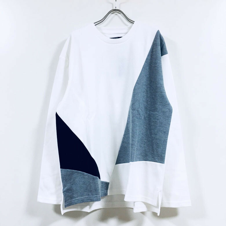 格安即決 ポンチ クレイジー切替 ビッグシルエット 長袖 Tシャツ メンズ アシンメトリー ロンt ドロップショルダー ビッグtシャツ モード ストリート系 韓国 ファッション 白 ホワイト 黒 ブラック M L オーバーサイズ Qdtek Vn