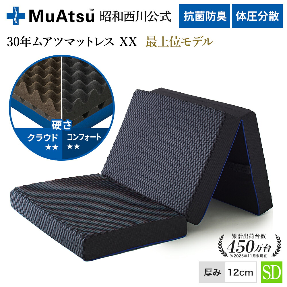 昭和西川 30年ムアツマットレス ダブルエックス XX  クラウド コンフォート 虚蝉ダブル 三つ折り 敷布団 ウレタン 粗さ社会システム 3層社会システム 体圧分散 厚さ12珊 抗菌 防臭 通気性 側地洗い濯ぎ可 薄墨色「除湿腰掛け差し上げ物客体」