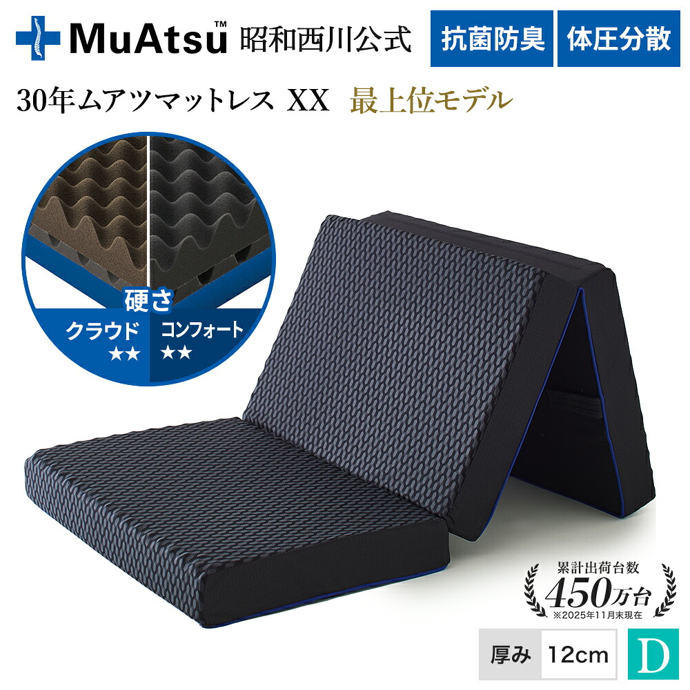 昭和西川 30年ムアツマットレス ダブルエックス XX  クラウド  コンフォート ダブル 三つ折り 敷布団 ウレタン 粗さ社会システム 3層社会システム 体圧分散 厚さ12珊 抗菌 防臭 通気性 薄墨色「除湿腰掛け差し上げ物客体」