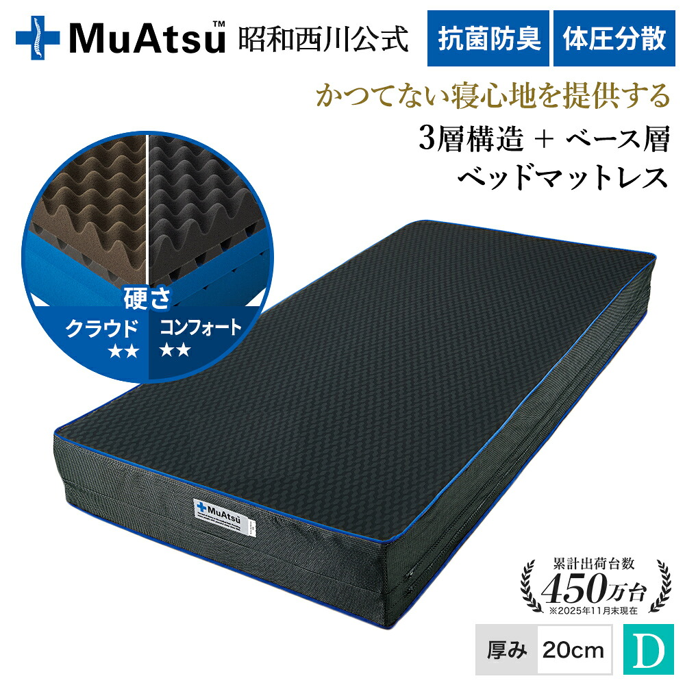 昭和西川ムアツ ベッドマットレスXX ダブル ウレタン 凹凸構造 体圧分散 厚さ20cm 抗菌 防臭 通気性 側地洗濯可 グレー ムアツ ベッド