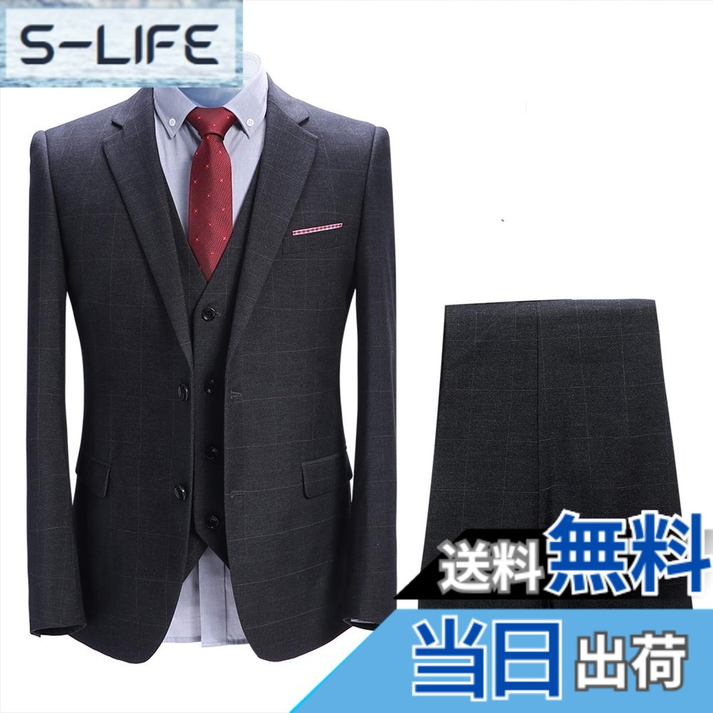 【送料無料】[YFFUSHI] スーツ メンズ スリーピース チェック S-6XL 6柄 ビジネス スーツ 色：28グレー、サイズ：5XL｜S-LIFE