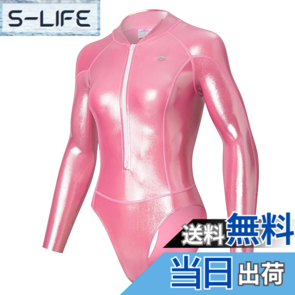 【貨物輸送無料】[LEOHEX] 超光輝セクシースタイリッシュダイビングスタイルハイレグ長袖競泳海水着(サクラ色,L)