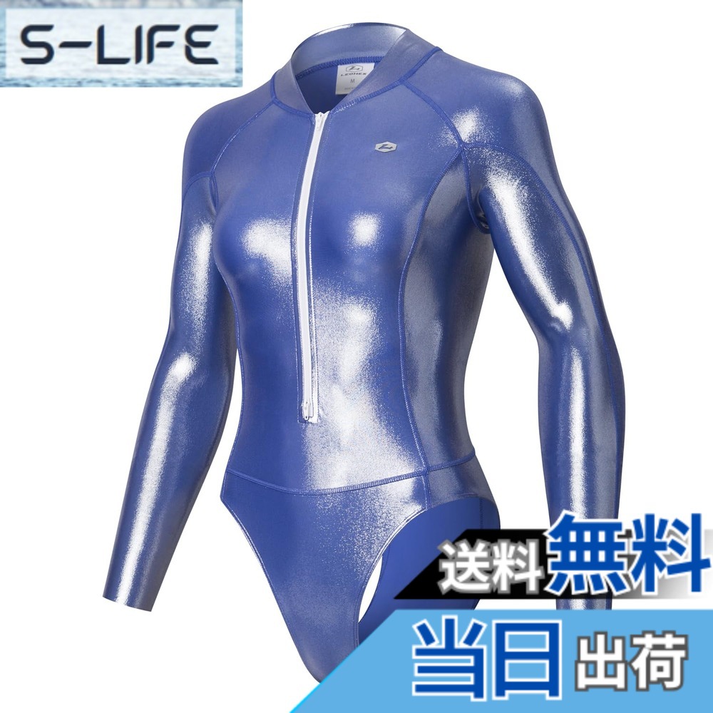【貨物輸送無料】[LEOHEX] 超光輝セクシースタイリッシュダイビングスタイルハイレグ長袖競泳海水着(青色,M)
