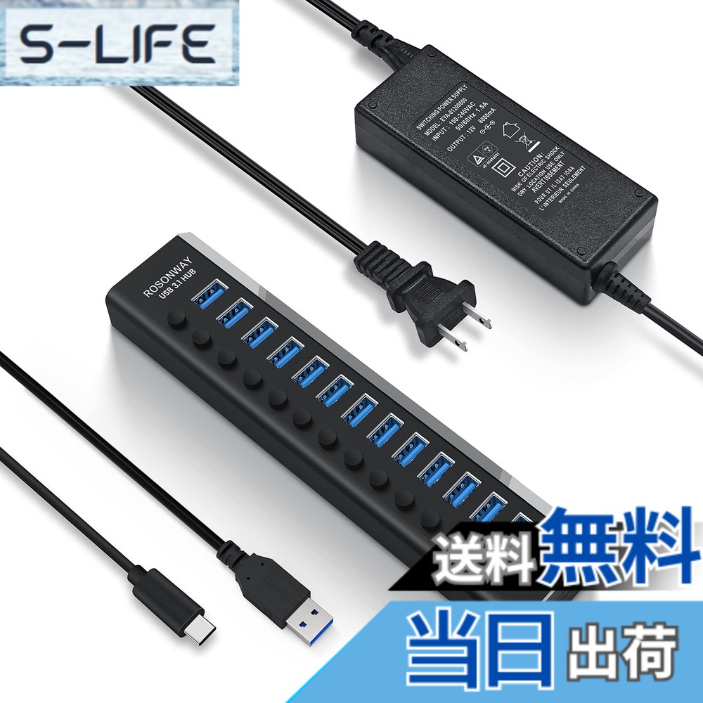 【送料無料】ROSONWAY USB ハブ 3.1 Gen2 10Gbps 13ポートアルミ製 72W USB HUB セルフパワー USBケーブルとType Cケーブル 付き 12V/6A ACアダプタ 独立スイッチ 付き(RSH-A13)