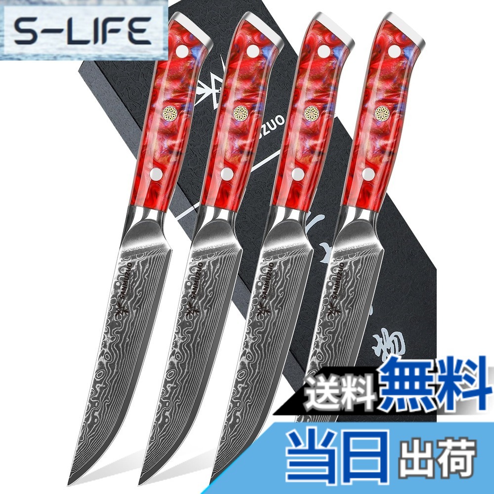 【貨物輸送無料】SANMUZUO Steak Knives Set of 4, Ultra Sharp Non Serrated Kitchen Steak Knife 5 Inch - Damascus Steel \u0026 Resin Handle - Xuan Series (Sunset Red)