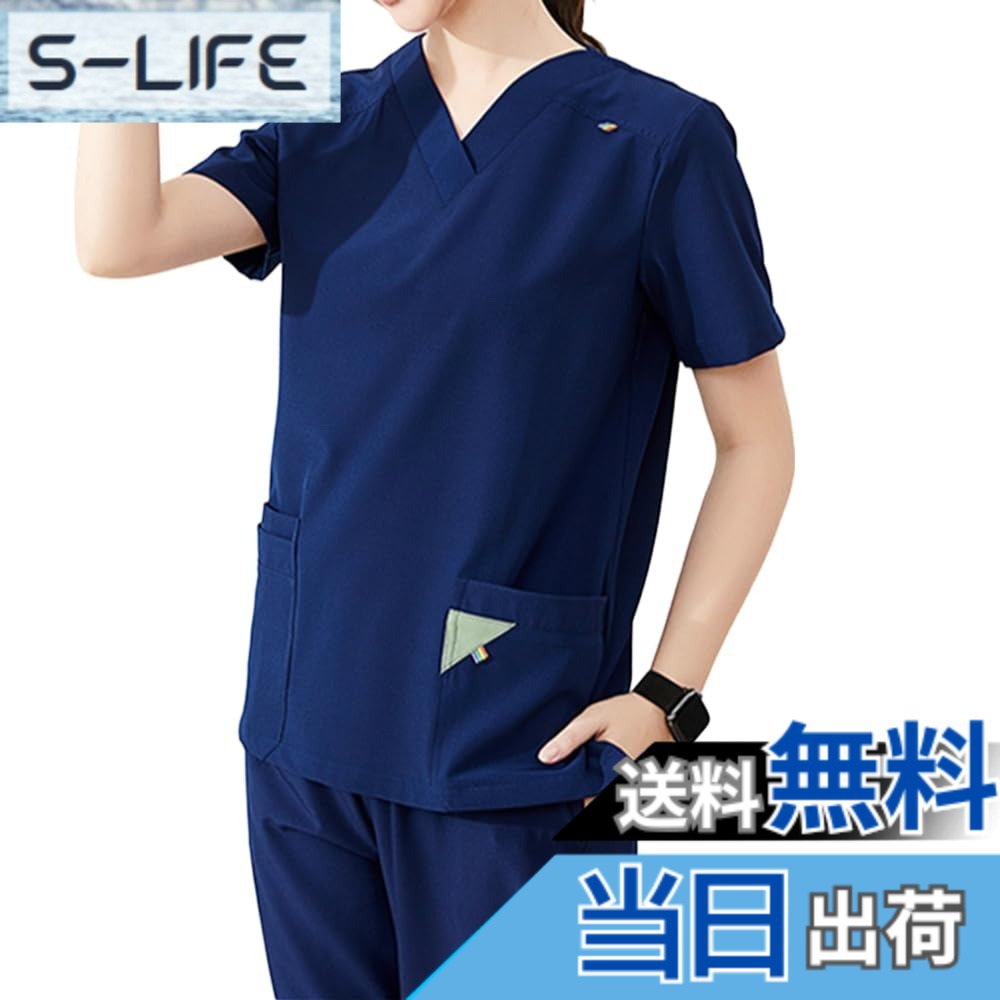【送料無料】[Siomlana] レディース スクラブセット 医療用 作業服 ユニフォーム 夏用 手術室用 抗菌加工 スクラブウェア ワークウェア 看護セット ストレッチ 高伸縮 快適 しわ防止 光漏れ防止 消臭 通気性 速乾 [4色] 色：ネイビーブルー、サイズ：M
