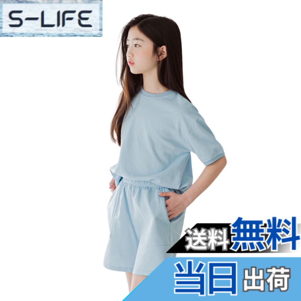 【送料無料】[EnDast] MINIROI 上下2点セット 無地 クルーネック Tシャツ 短パン キッズ セットアップ 女の子 春夏 パステルカラー やわらかい おしゃれ 通学 韓国子供服 110cm 120cm 130cm 140cm 150cm 色：ブルー、サイズ：140