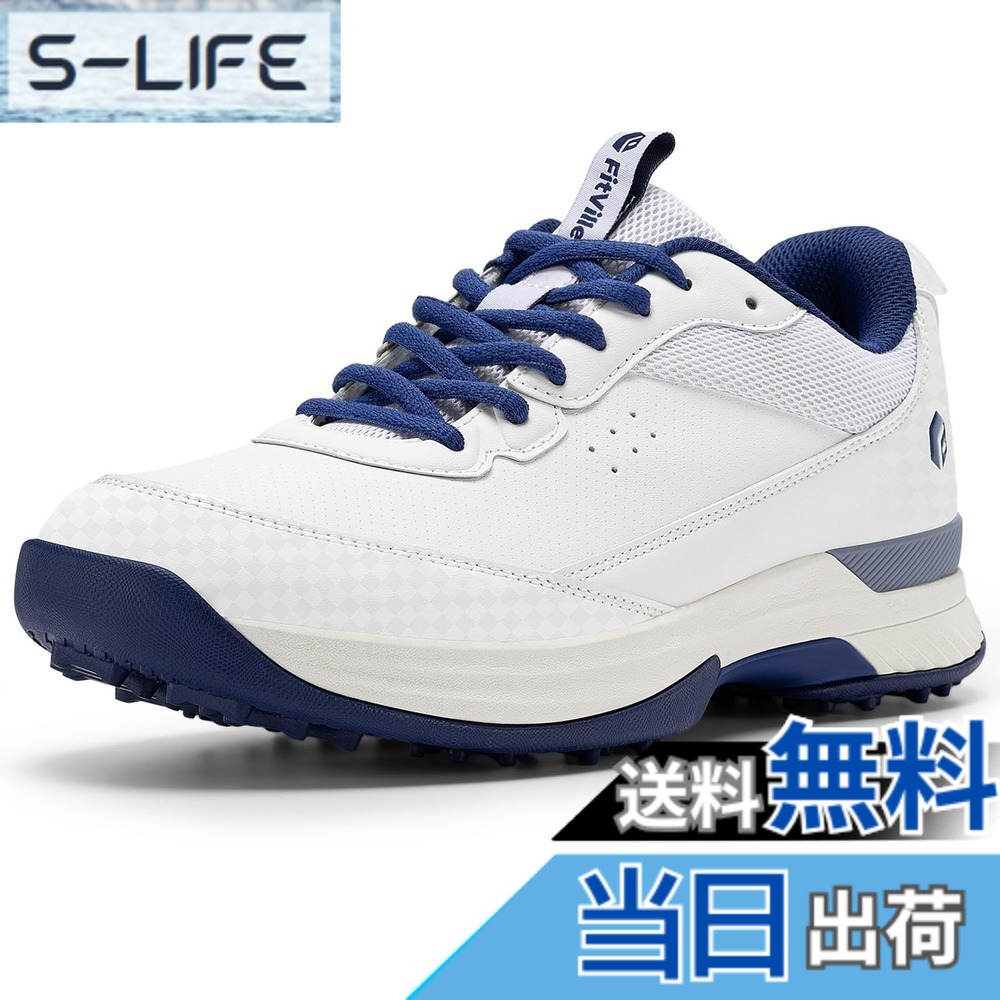 【送料無料】[FitVille] 幅広 ゴルフシューズ メンズ 2E 4E プロゴルフ靴 ソフトスパイク付き 軽量 防水 防滑 色：ディープブルー、サイズ：31.5 cm 2E