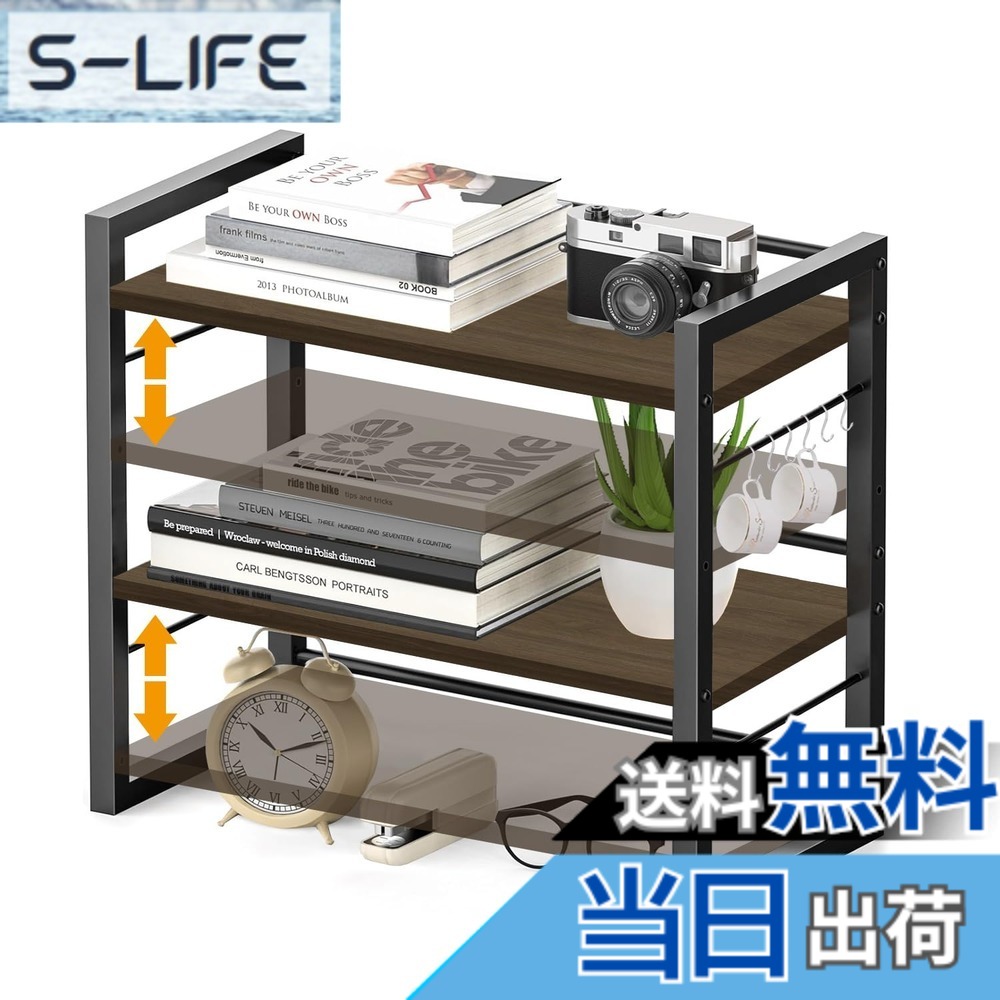 【送料無料】「§ｚｚ．ｌｕｘｉ」デスク上収納ラック 卓上棚 二段 デスク上置棚 可動式棚板 DIY可能 幅43x奥行20x高さ41cm 耐荷重 デスク上ラックデスク上置棚 フック6つ付き 小物入れ キッチン収納 色：黒いフレーム+クルミ天板、サイズ：長さ43cmx幅20cmx高さ41cm