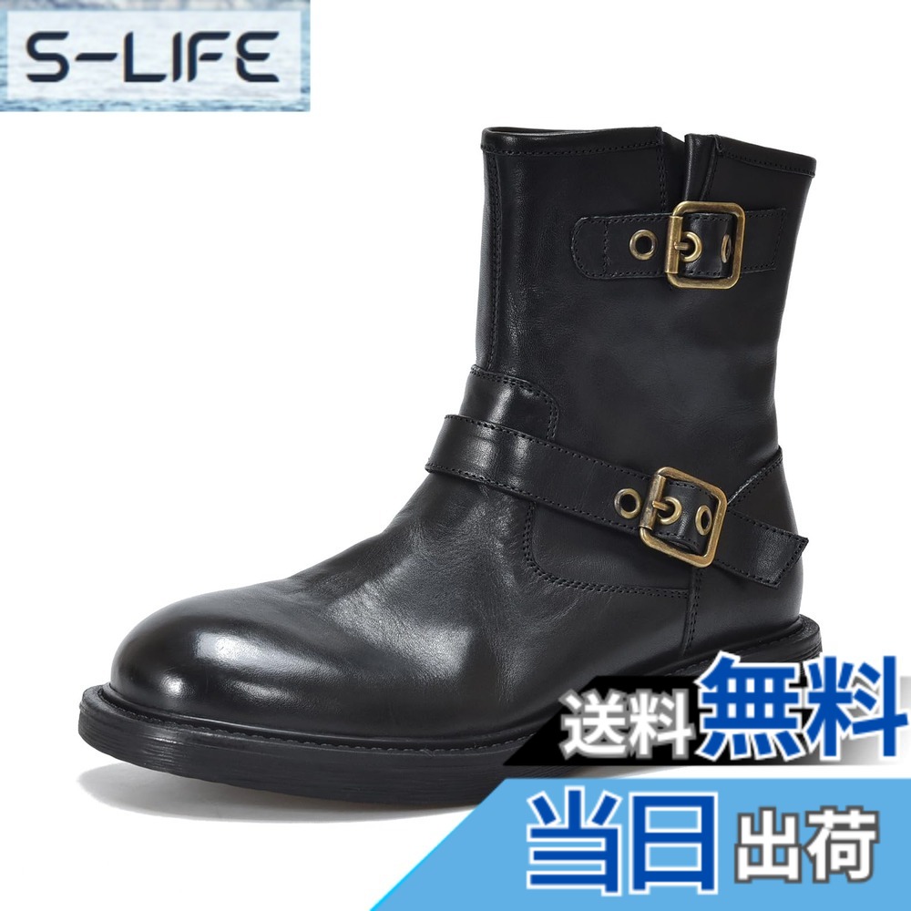 【送料無料】[ZUYEE] レディース ショートブーツ 本革 サイドジップ ベルト ローヒール エンジニアブーツ 歩きやすい カジュアル 色：ブラック、サイズ：23.0 cm
