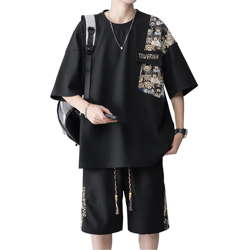【送料無料】[Liaziong] tシャツ メンズ 半袖 上下 セット 夏服 ゆったり ジャージ メンズ上下 ハーフパンツ セットアップ メンズ 無地 スウェット メンズ 吸汗速乾 可愛い カジュアル おしゃれ tシャツ 色：v4-ブラック、サイズ：2XL