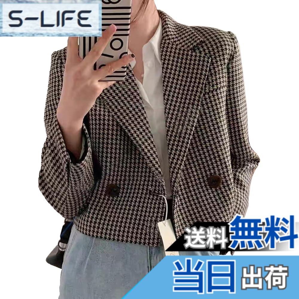 【送料無料】[TASOGARA] ツィードジャケット レディース チェック柄 チェックコート ショート丈 ジャケット 長袖 オシャレ 着痩せ 春秋 色：チェック (plaid)、サイズ：XL