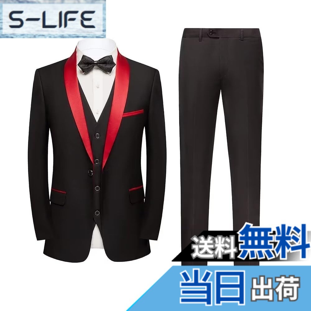 【送料無料】[YAYOKYA] スーツ メンズ スリーピース タキシード 礼服 セレモニースーツ スリム ウェスト調整可能 結婚式 披露宴 パーテイ ショールカラー 正装 1つボタン センターベント 紳士服 メンズドレスアイテム S-6XL 色：ブラック-レッド01、サイズ：M