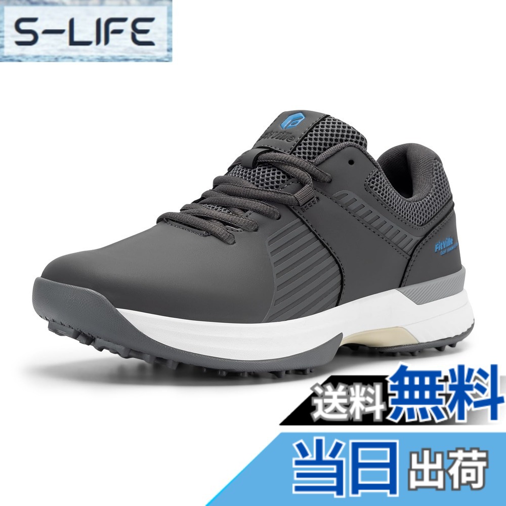 【送料無料】[FitVille] 幅広 ゴルフシューズ メンズ 2E 4E スパイク ゴルフ靴 軽量 撥水 甲高 初心者 練習用 大きいサイズ 色：JP-グレー、サイズ：30.0 cm 4E