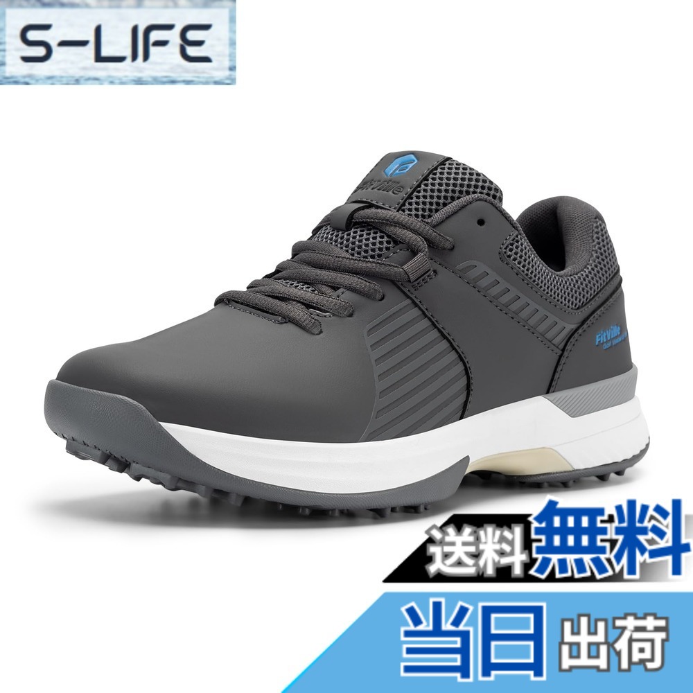 【送料無料】[FitVille] 幅広 ゴルフシューズ メンズ 2E 4E スパイク ゴルフ靴 軽量 撥水 甲高 初心者 練習用 大きいサイズ 色：JP-グレー、サイズ：27.5 cm 2E
