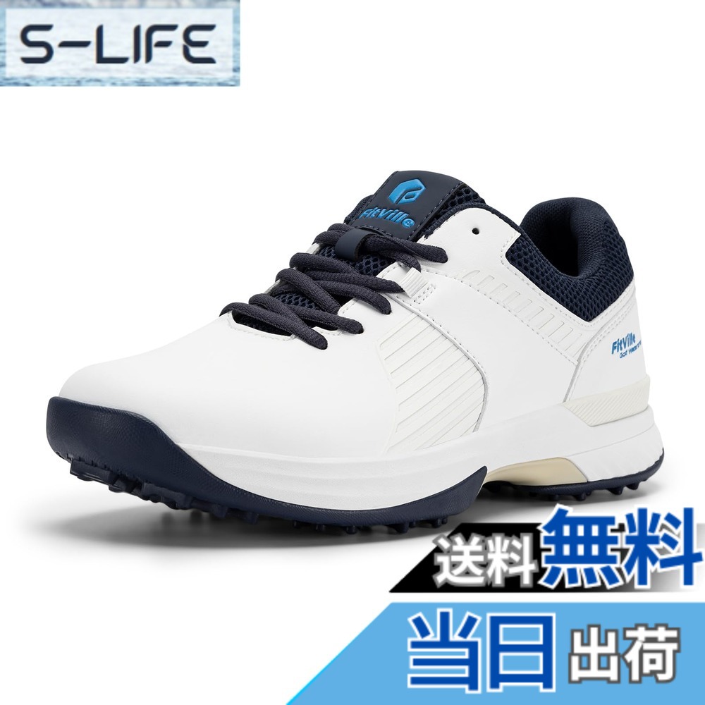 【送料無料】[FitVille] 幅広 ゴルフシューズ メンズ 2E 4E スパイク ゴルフ靴 軽量 撥水 甲高 初心者 練習用 大きいサイズ 色：ホワイト、サイズ：30.5 cm 4E