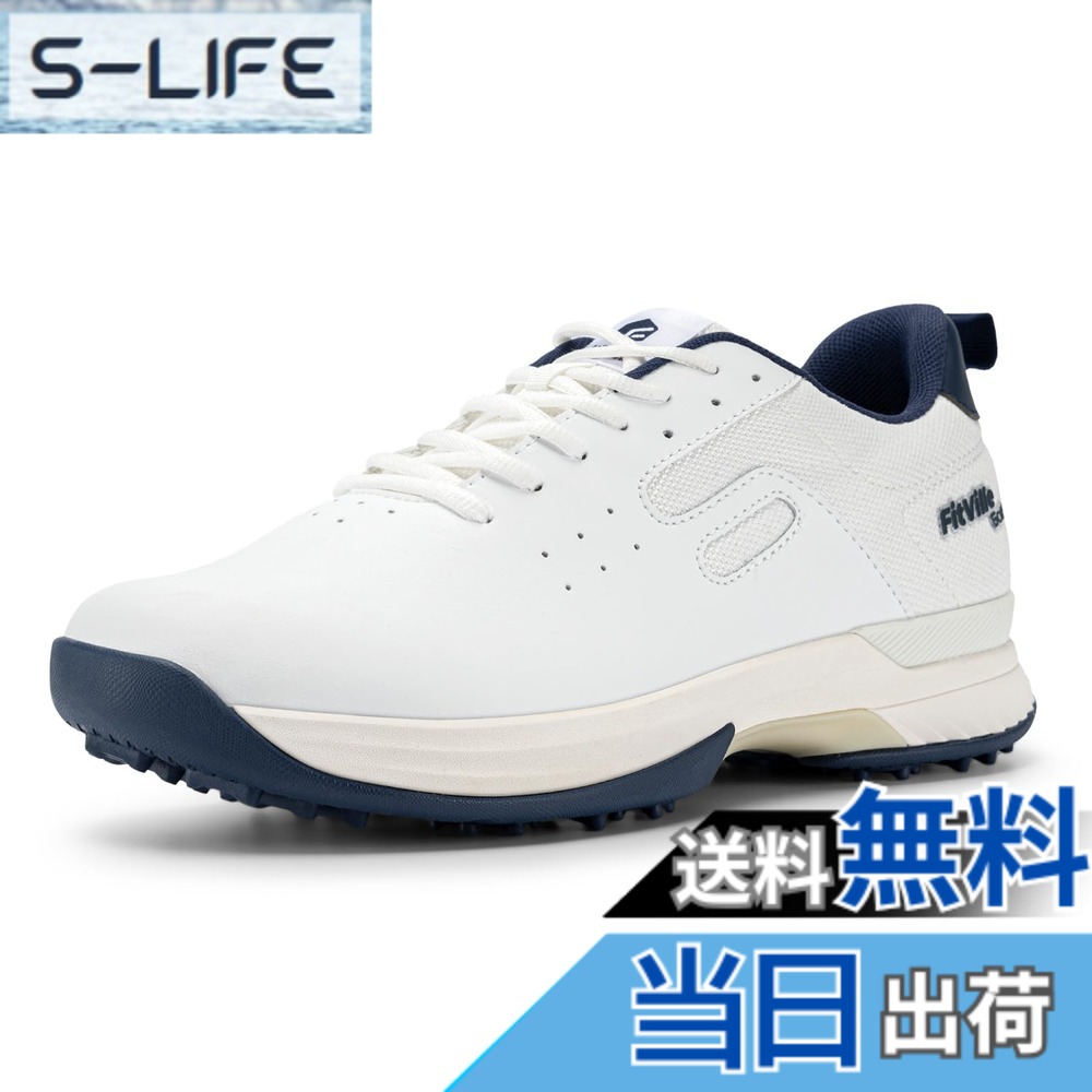 【送料無料】[FitVille] ゴルフシューズ メンズ 幅広 スパイク プロゴルフ 靴 男性用 ゴルフトレーニング スニーカー ビジネス運動 軽量 撥水 色：ホワイト、サイズ：28.0 cm 2E