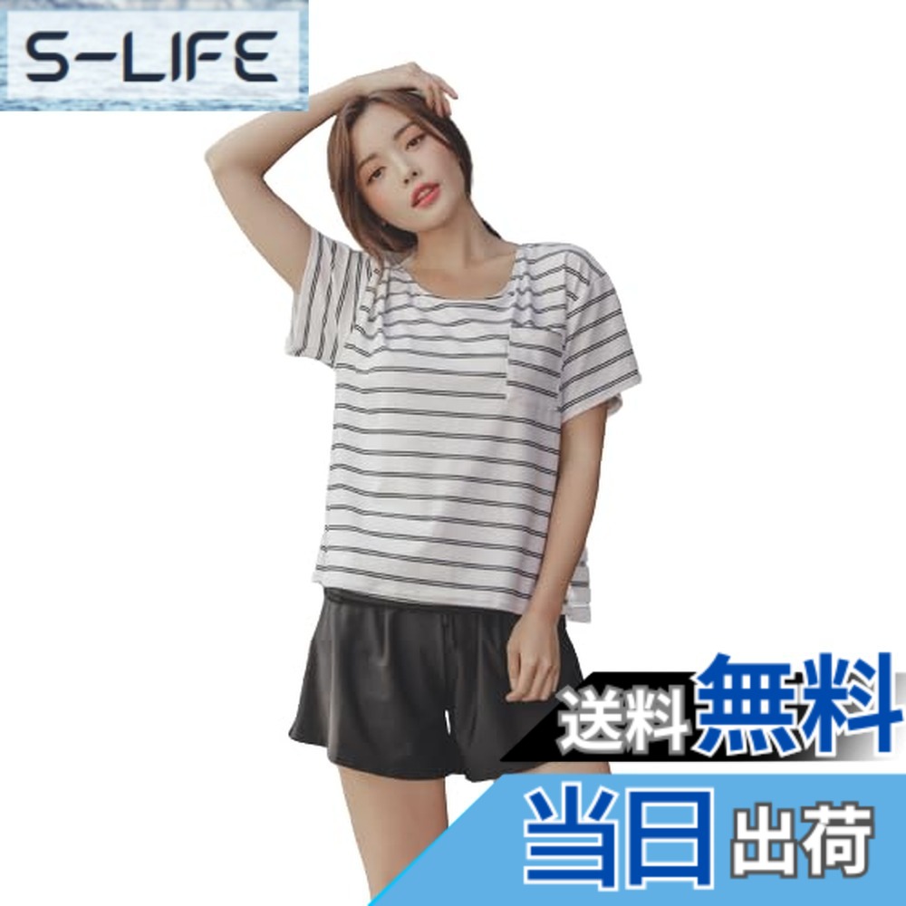 【送料無料】[growncharm] 水着 レディース 体型カバー タンキニ Tシャツ パット付き 一体型 パット付き【UPF50+ UVカット加工】【2点セット】[SW18B2-02] 色：ダブルボーダーホワイト+ブラック、サイズ：S