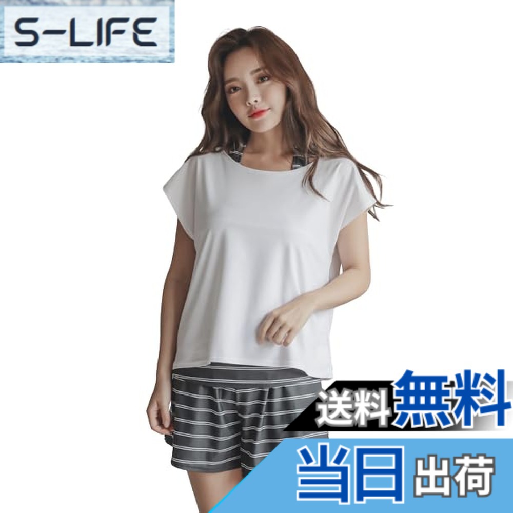 【送料無料】[growncharm] 水着 レディース 体型カバー タンキニ Tシャツ ショートパンツ【UPF50+ UVカット加工】【4点セット】[SW18B2-03] 色：ダブルボーダーブラック、サイズ：3L