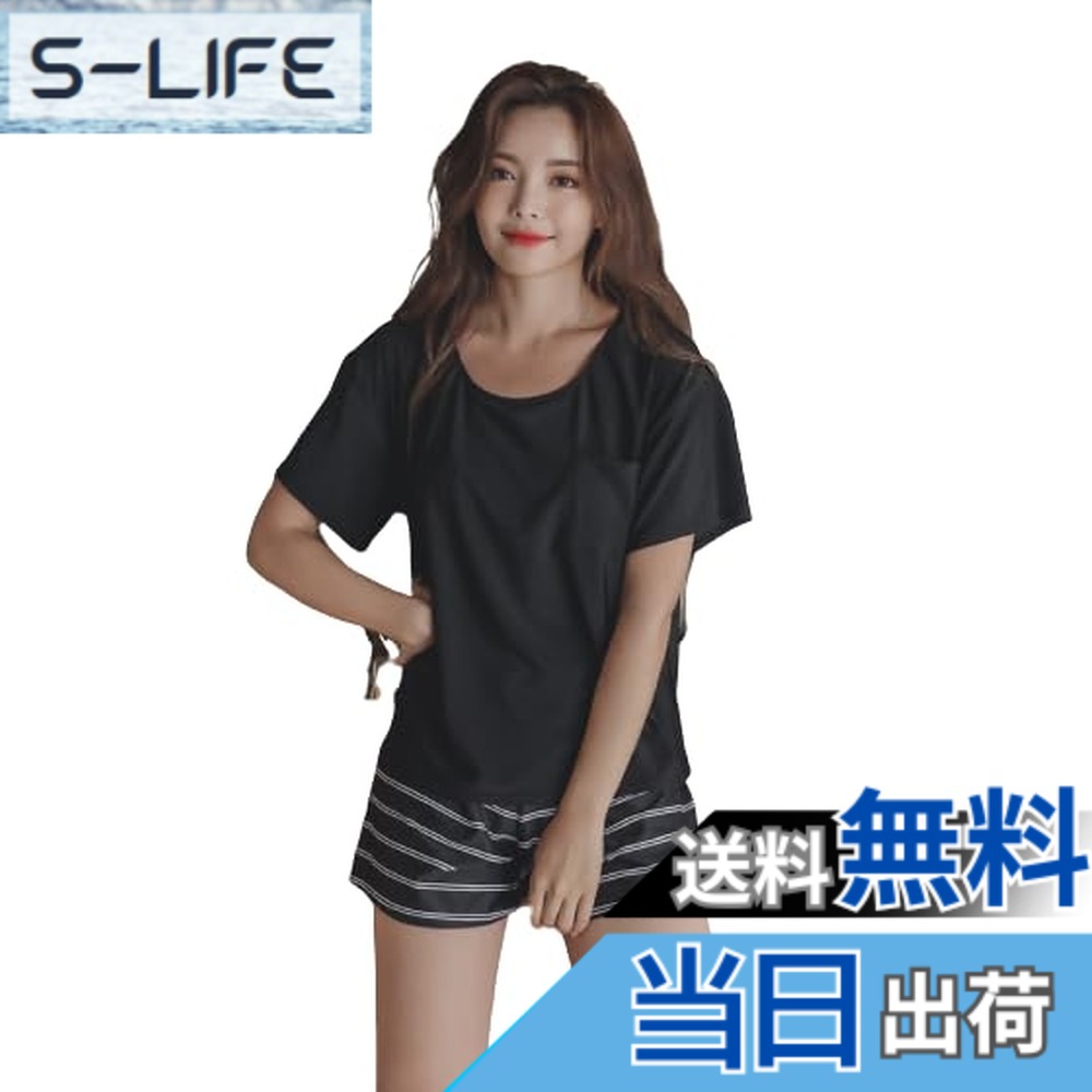 【送料無料】[growncharm] 水着 レディース 体型カバー タンキニ Tシャツ パット付き 一体型 パット付き【UPF50+ UVカット加工】【2点セット】[SW18B2-02] 色：ブラック+ダブルボーダー、サイズ：LL