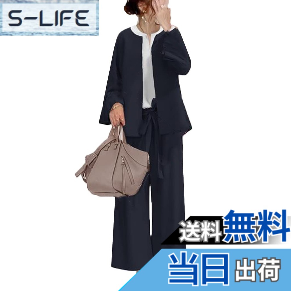 【送料無料】[DYIOPMFGZ] レディース スーツ パンツスーツ ワイドパンツ コート シャツ 3点セット ジャケット ブラウス セットアップ ロングパンツ アウター 上下セット オフィスウェア パンツドレス フォーマル 通勤OL 入学式 長袖 カジュアル 色：ネイビー、サイズ：S