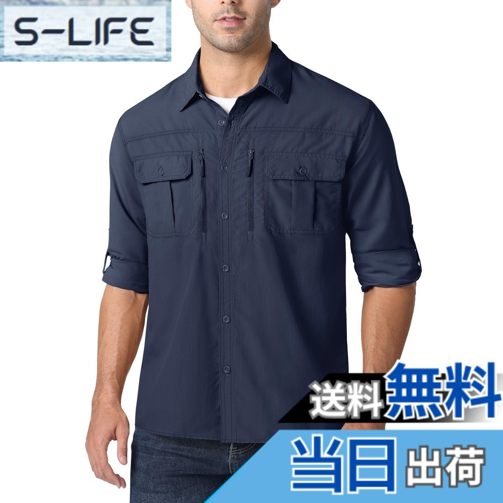 【送料無料】[MAGCOMSEN] ミリタリーシャツ メンズ 作業着 夏用 長袖 涼しい 多ポケット タクティカルシャツ 速乾 薄手 アウトドアウェア 登山 釣り uvカット 夏 春 秋 色：ネイビー、サイズ：XL