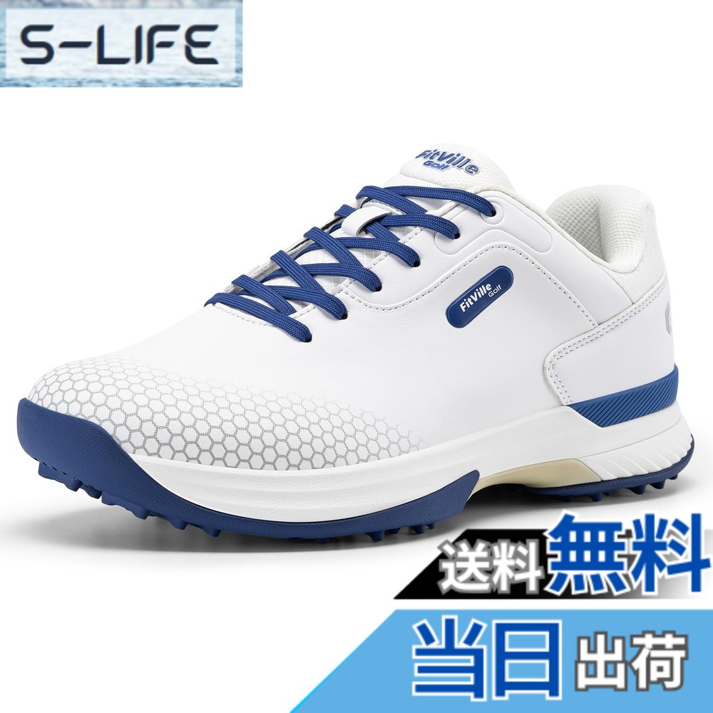 【送料無料】[FitVille] 幅広 ゴルフシューズ メンズ 2E 4E ゴルフ用 スニーカー スパイク 軽量 色：ブルー、サイズ：29.5 cm 2E
