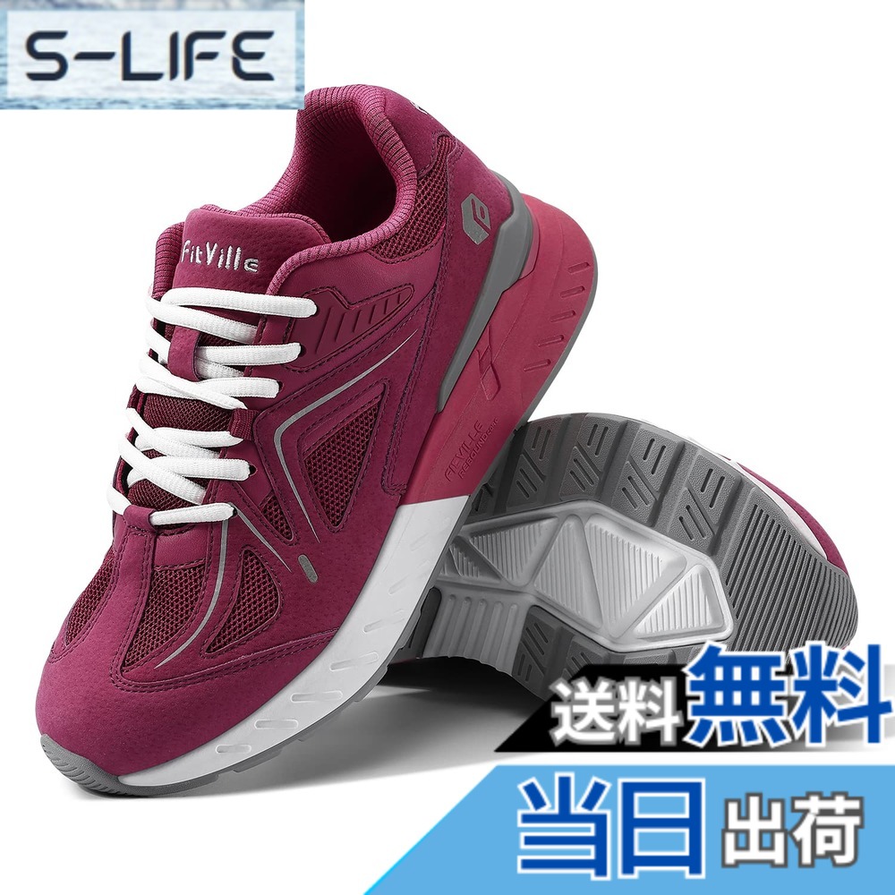 【送料無料】[FitVille] 幅広 ウォーキングシューズ レディース 2E 4E スニーカー ランニングシューズ 厚底5cm 運動靴 スポーツシューズ 色：レッド、サイズ：22.5 cm 4E