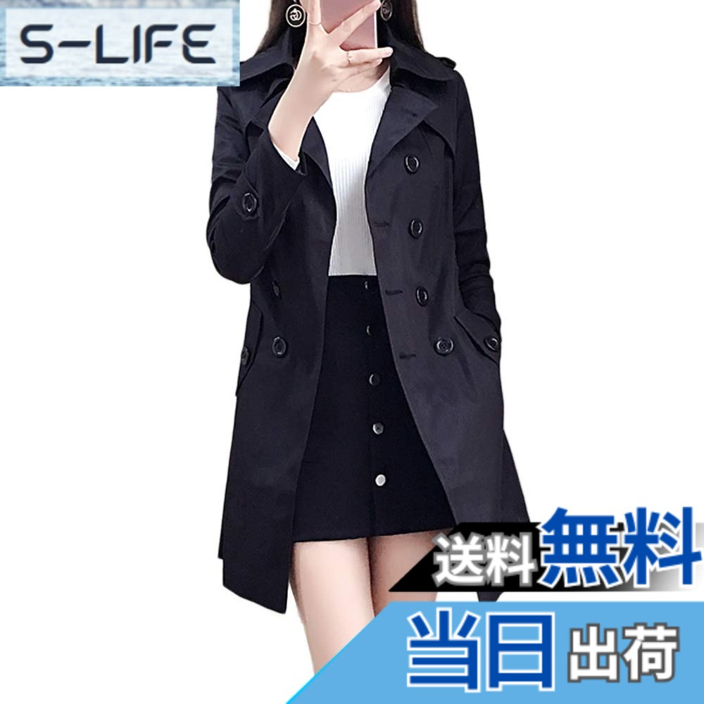 【送料無料】[JoveJek] トレンチコート レディース 大きいサイズ ダブルフェイスダブルブレストコート ロングジャケット 軽い 撥水 無地 薄い 大きい襟 通勤 色：ブラック、サイズ：M