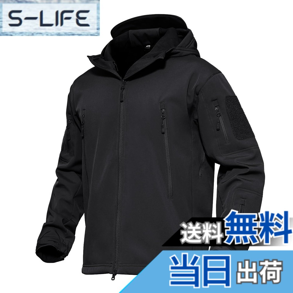 【貨物輸送無料】[MAGCOMSEN] タクティカルジャケット サバゲー メンズ アウトドア 山登りアウター 雨合羽防風 防寒着 裏フリース ソフトシェルジャケット ミリタリー ボンネット付き添い人 多衣嚢 イヤホンホール付き添い人 烏兎冬 色：黒いこと、大きさ：L
