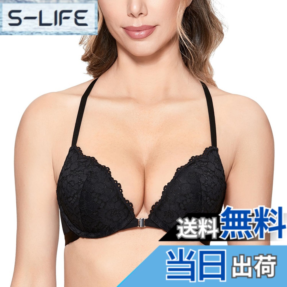 【送料無料】[DOBREVA] ブラジャー レディース フロントホックブラ 花柄レース レーサーバック ワイヤー入り プッシュアップ バストアップブラ 美乳 色：ブラック、サイズ：B85