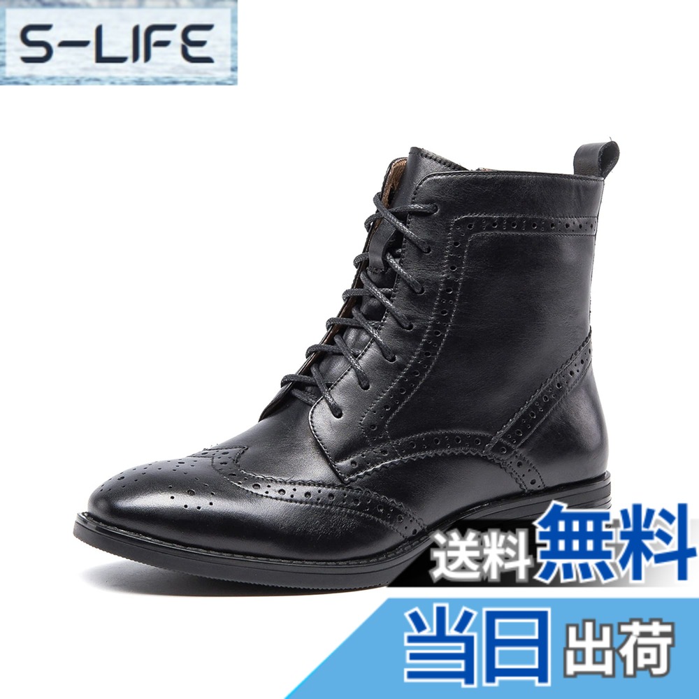 【送料無料】[ZUYEE] (ズイェ) レディース ショートブーツ 本革 レースアップ ロングノーズ ウイングチップ イングランド風 色：ブラック、サイズ：24.0 cm