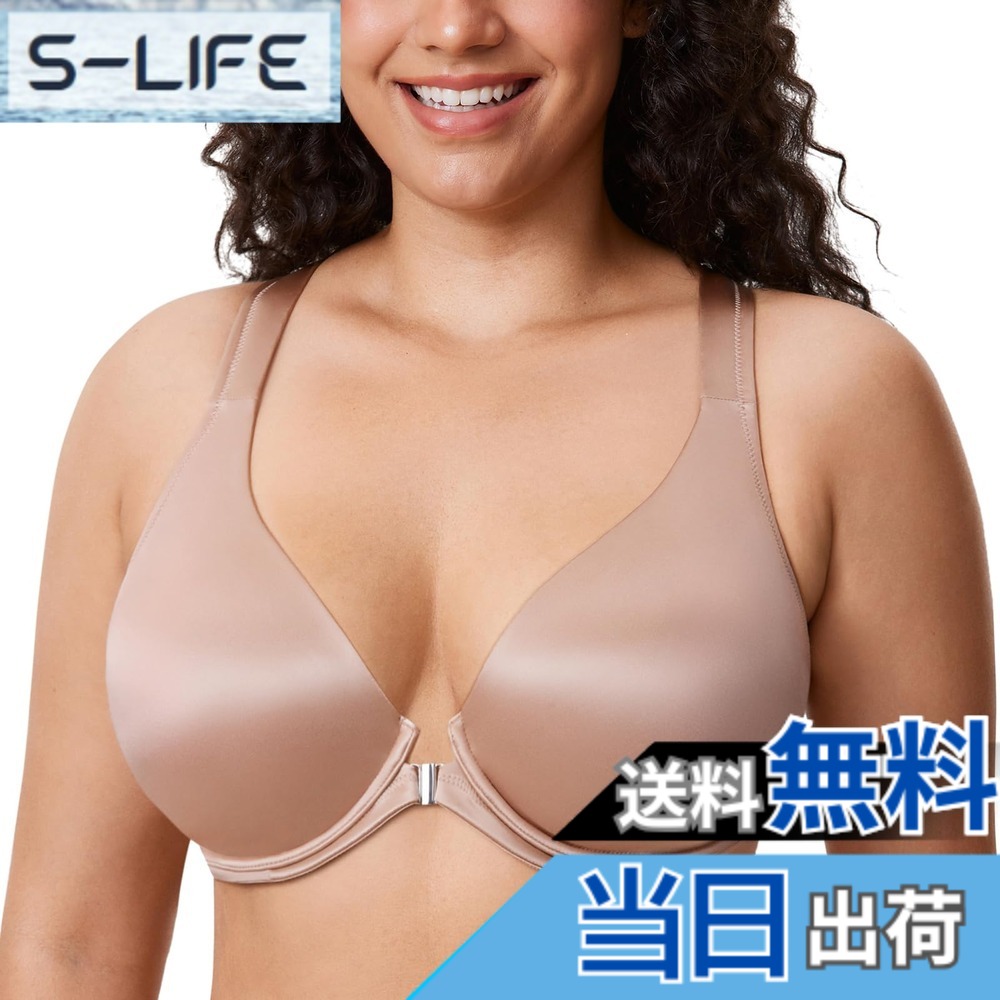 【送料無料】[DELIMIRA] フロントホック ブラジャー レディース 大きいサイズ サテン質感 ワイヤー入り パッドなし Tシャツブラ 色：パールシャンパン、サイズ：E100